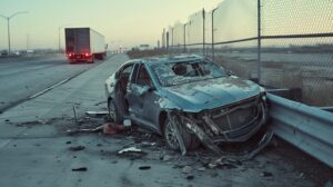 A crashed Cadillac in Bay City, TX