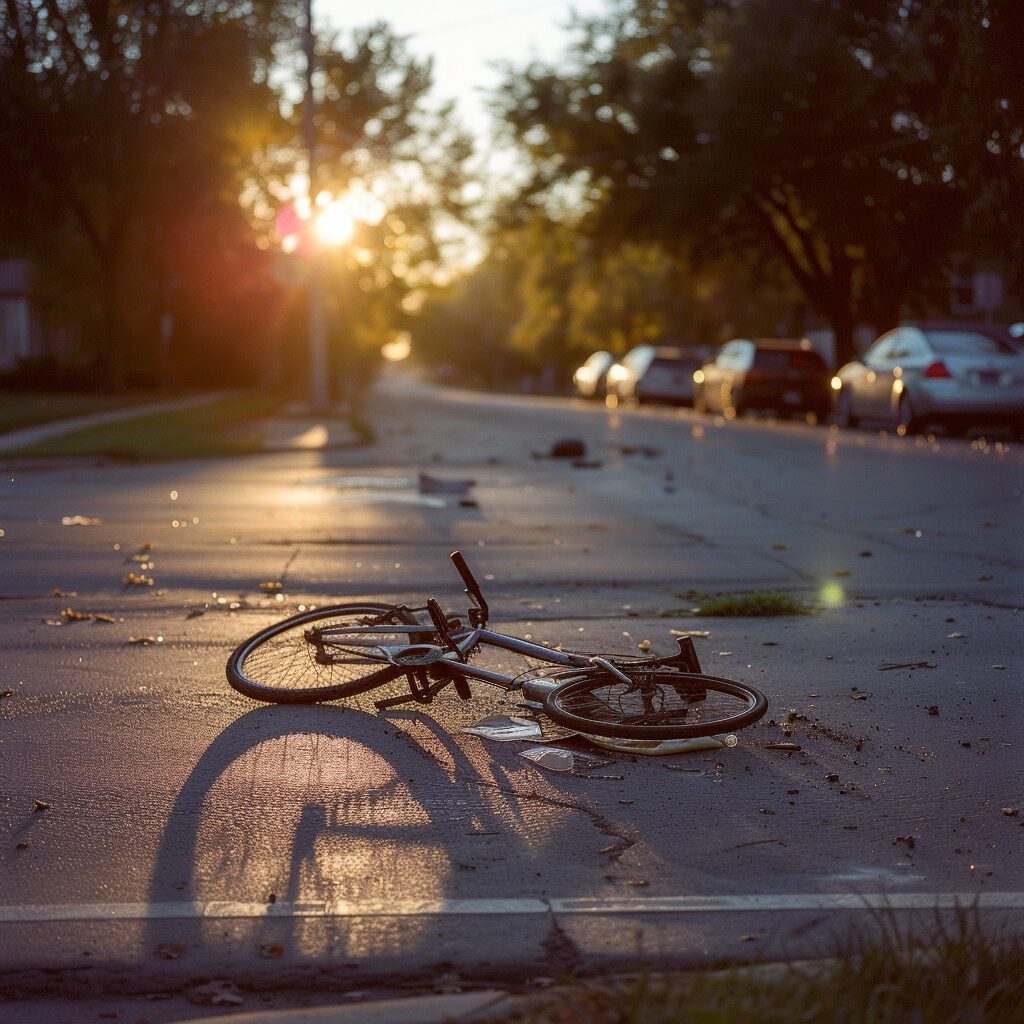 A bike laying in the street after a bike accident