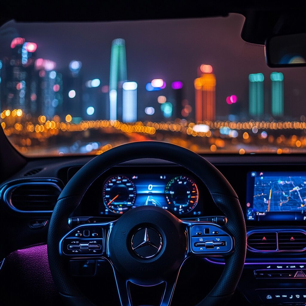 A view of a steering wheel as a driver reads an article on key driving tips to avoid car accidents